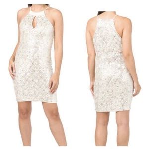 NWT Dalia Macphee Gold Silver Sequins Keyhole Halter Cocktail Dress size XL